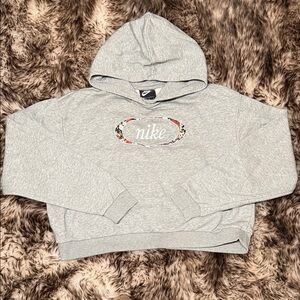 Nike Heather Gray Cropped Hoodie with Floral Patterned Logo